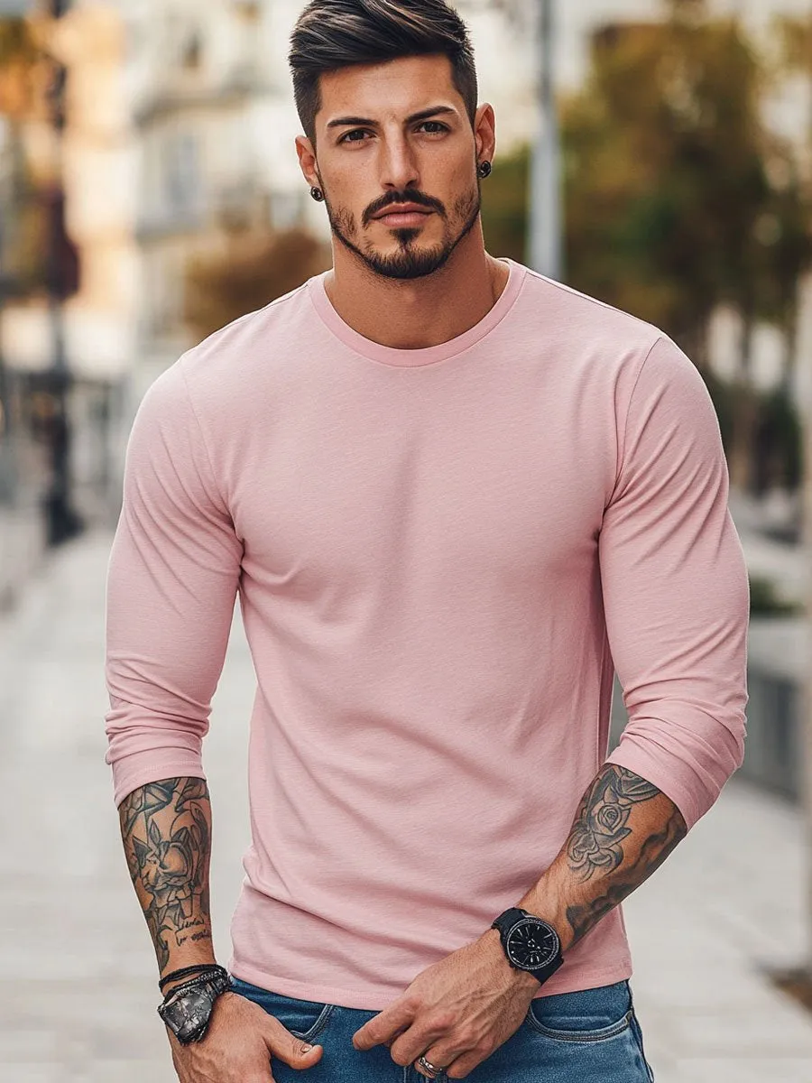 Men's Pink Casual Round Neck Long Sleeve T-Shirt