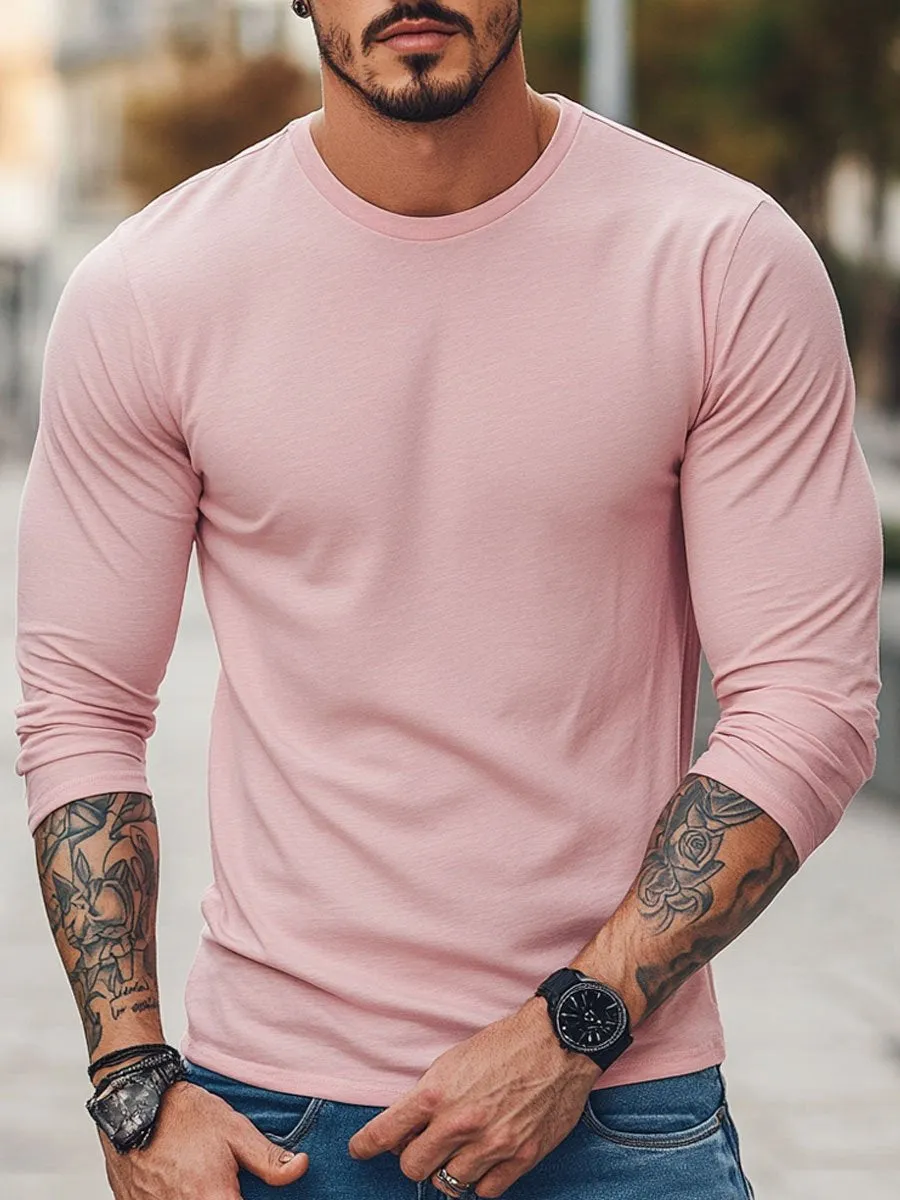 Men's Pink Casual Round Neck Long Sleeve T-Shirt