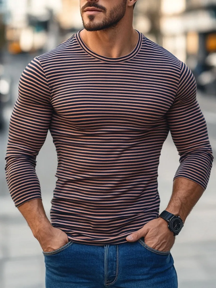 Men's Retro Stripe Print Long Sleeve Crew Neck T-Shirt