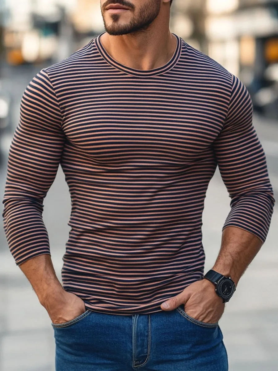 Men's Retro Stripe Print Long Sleeve Crew Neck T-Shirt