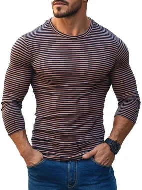 Men's Retro Stripe Print Long Sleeve Crew Neck T-Shirt
