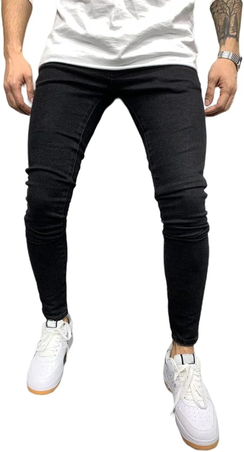 Men's Skinny Distressed Ripped Jeans Destroyed Stretchy Knee Holes Slim Tapered Leg Jeans