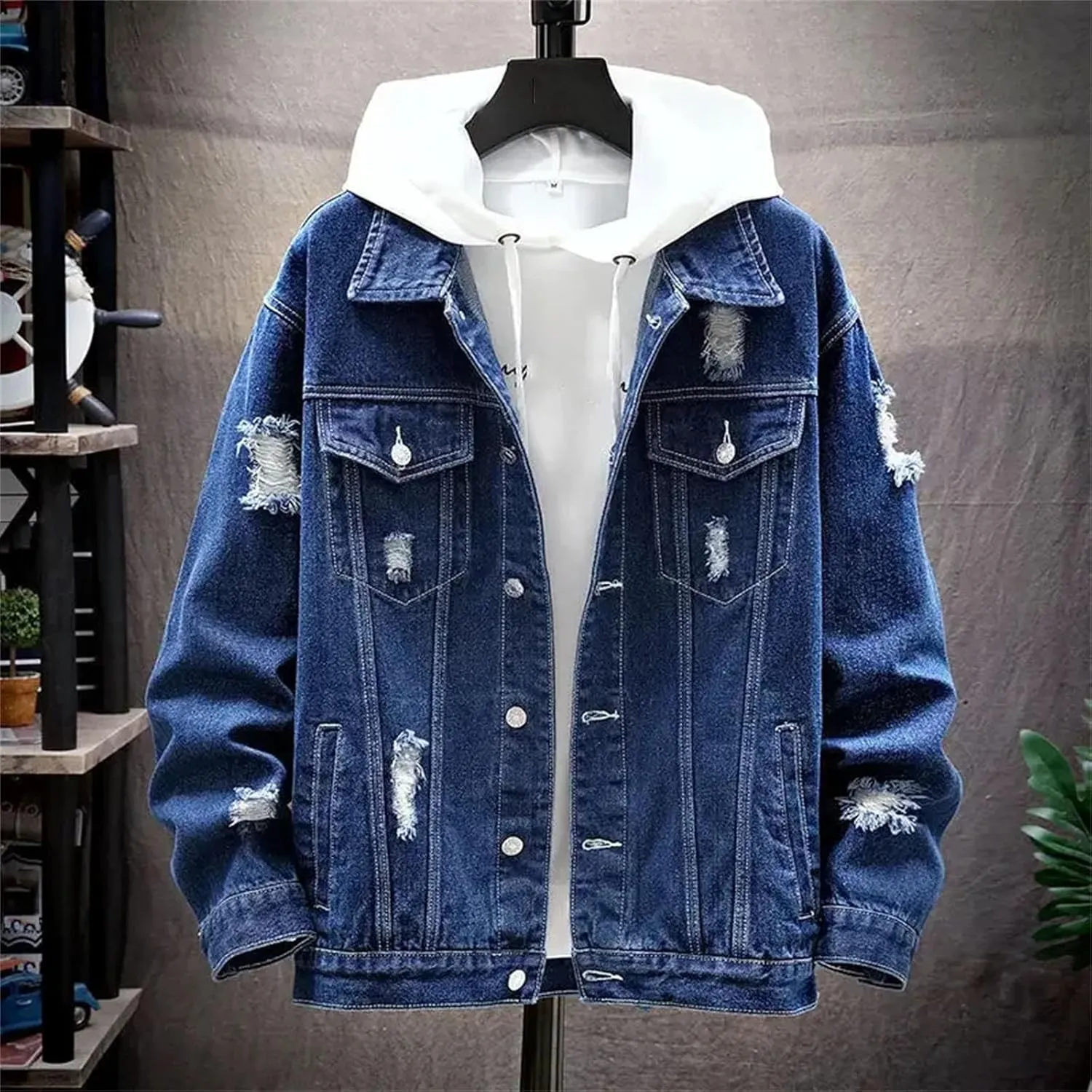 Men's Spliced Hole Denim Jacket Men Loose Casual Washed Distressed Jean Jacket Ripped Denim Coats