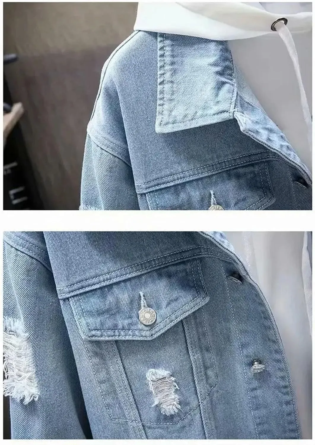 Men's Spliced Hole Denim Jacket Men Loose Casual Washed Distressed Jean Jacket Ripped Denim Coats