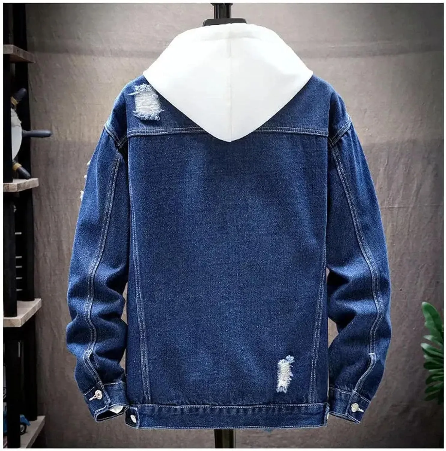 Men's Spliced Hole Denim Jacket Men Loose Casual Washed Distressed Jean Jacket Ripped Denim Coats