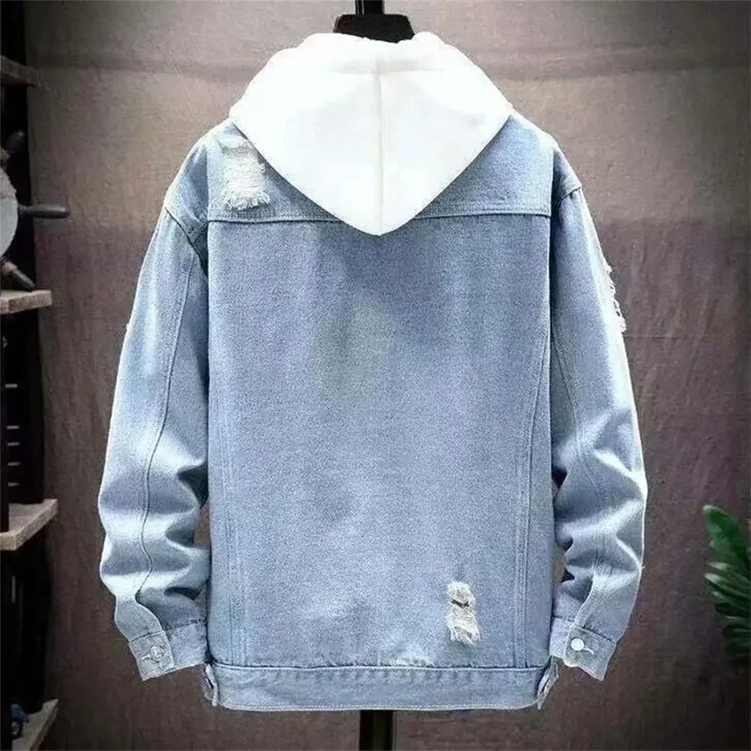 Men's Spliced Hole Denim Jacket Men Loose Casual Washed Distressed Jean Jacket Ripped Denim Coats