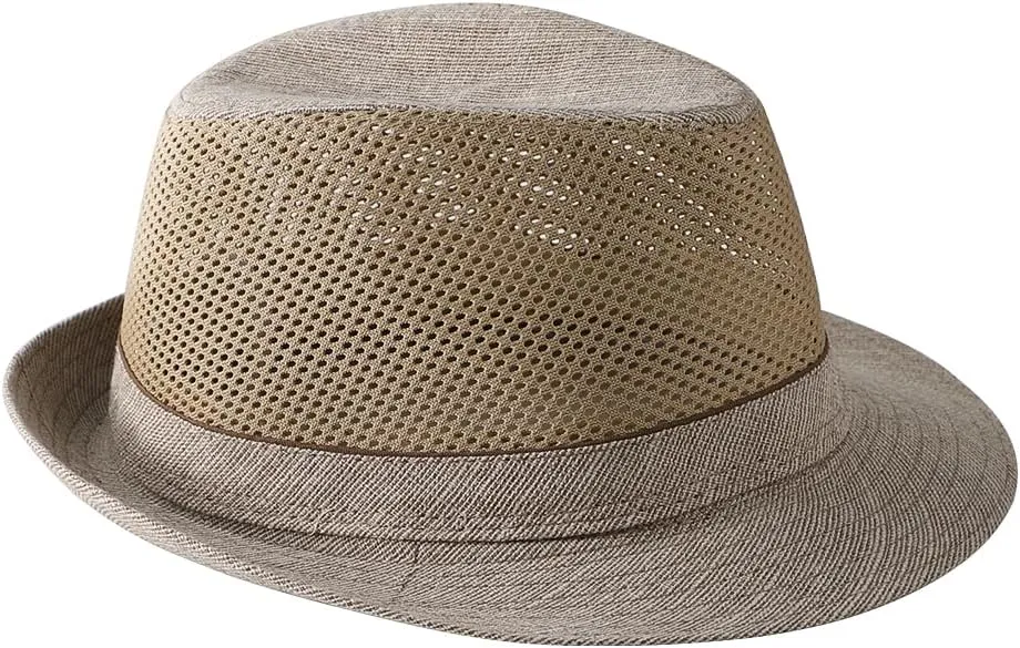 Mesh Fedora Sun Hats Short Brim Unisex Trilby Panama Jazz Beach Hat Summer UPF50  Vintage 1920s Anti-UV Cap with Band