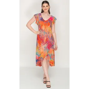 Multicolour, Flutter Sleeves, V Neck Dress For Womens