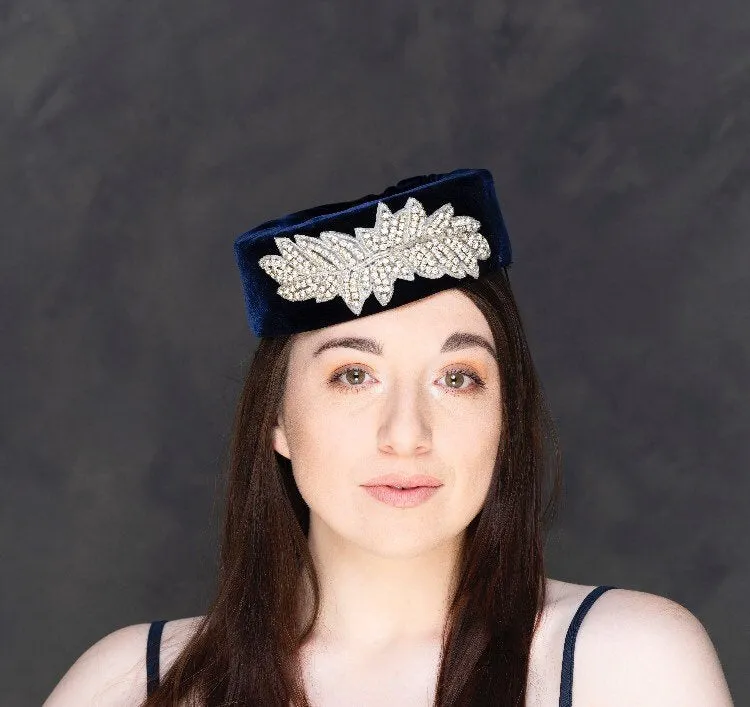 Navy blue silk ,velvet vintage style, pill box hat