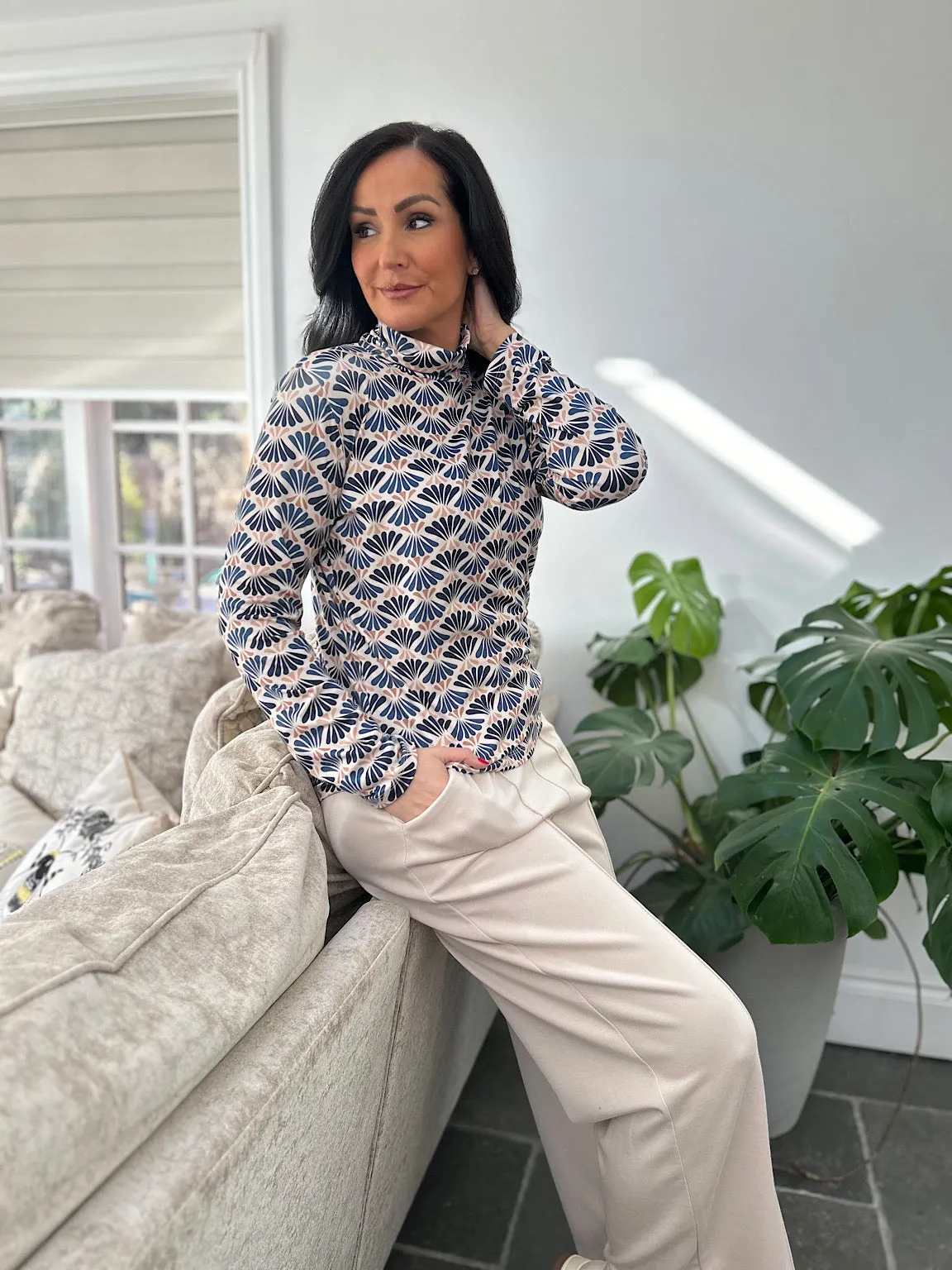 Navy Patterned Super Soft Roll Neck