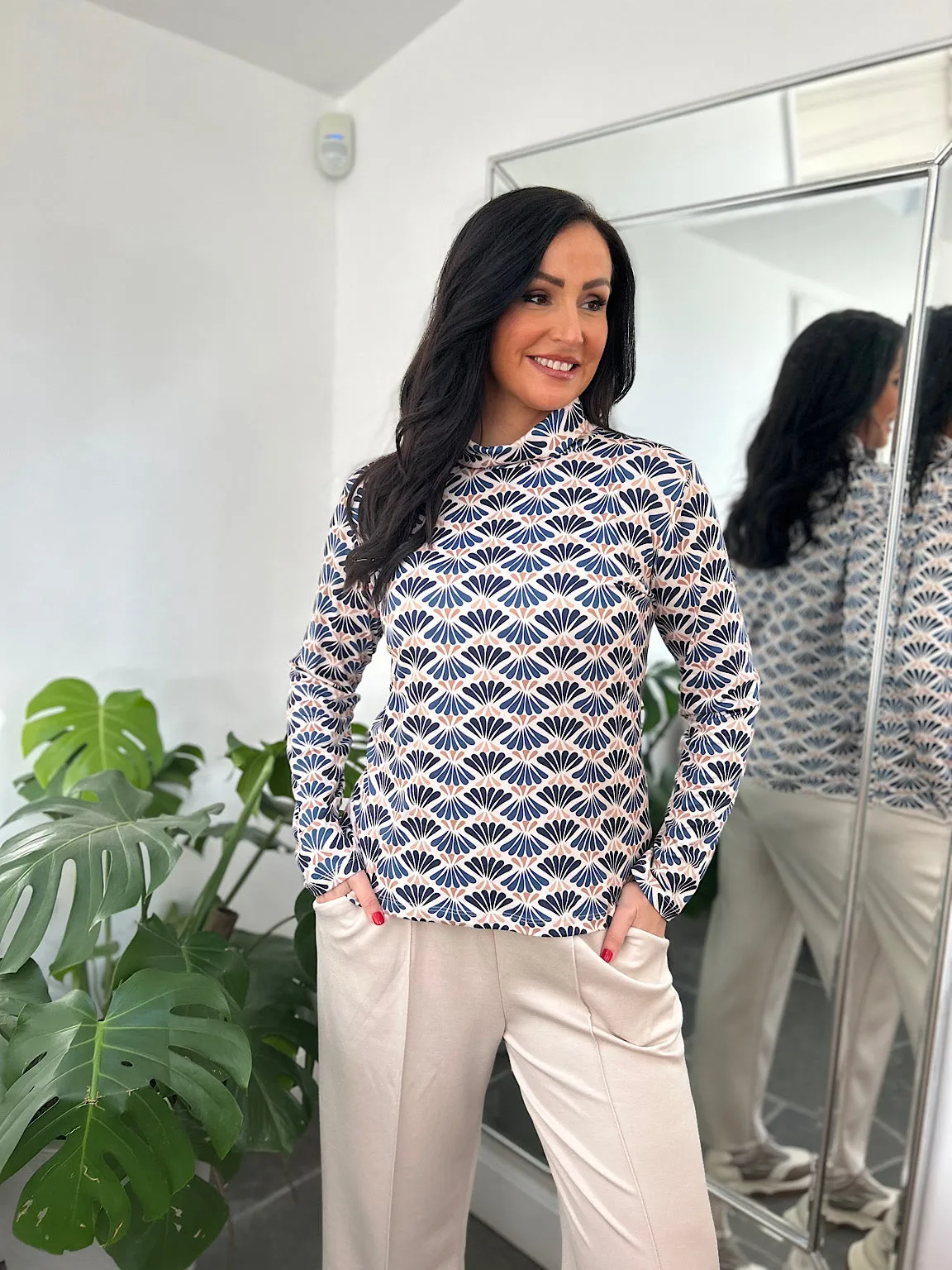 Navy Patterned Super Soft Roll Neck