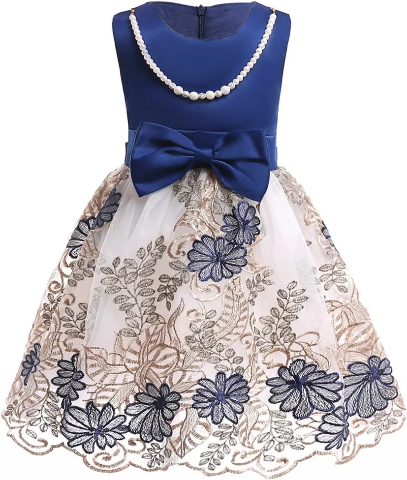 NSSMWTTC 2-9T Flower Girls Wedding Embroidery Dresses Toddler Christmas Easter Pgeant Dress with Necklace