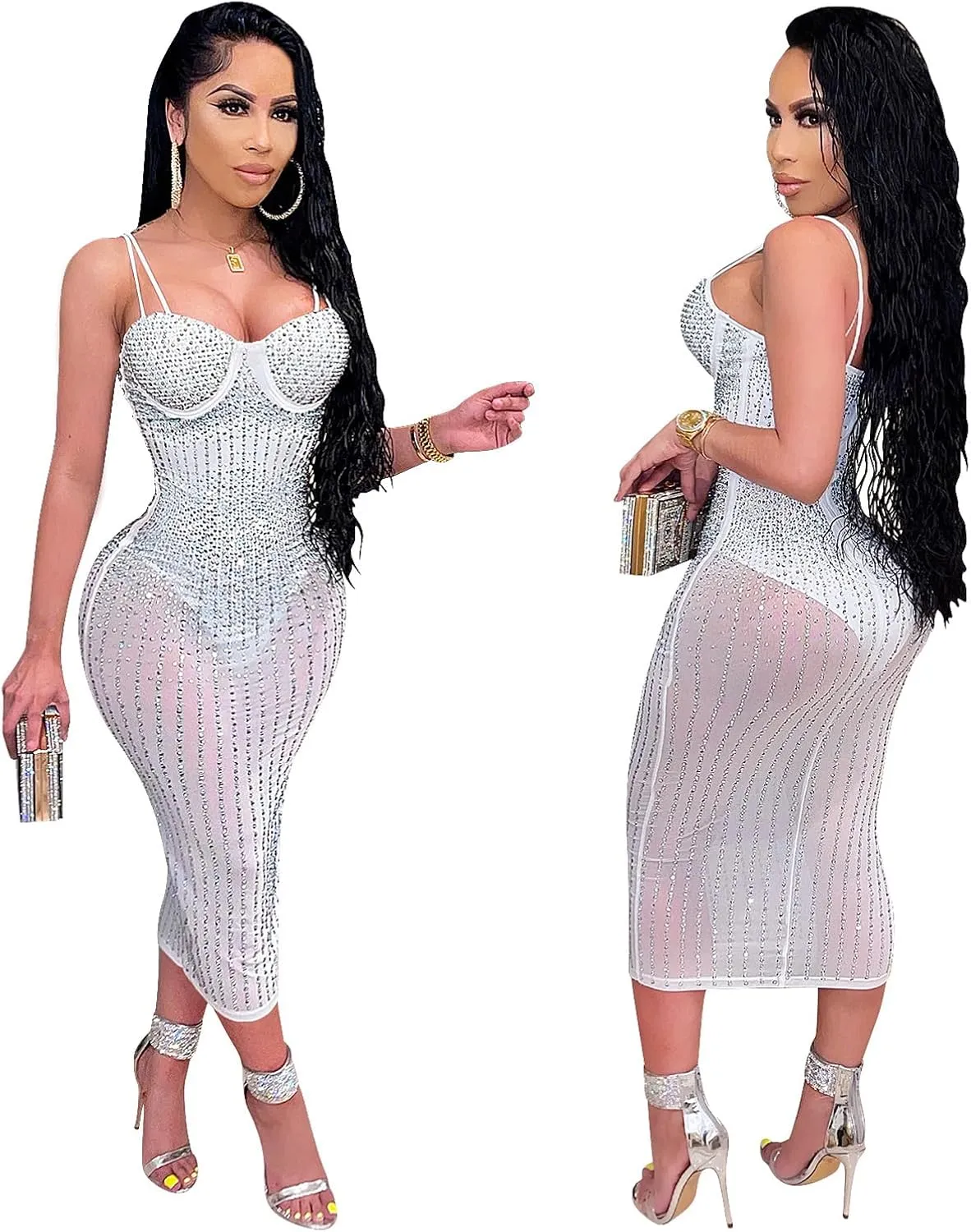 PURFUN Women Sexy See-Through Bodycon Dress with Rhinestones, Chic Spaghetti Strap Sleeveless Evening Dress Night Clubwear