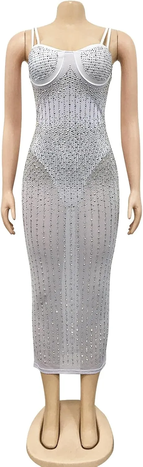 PURFUN Women Sexy See-Through Bodycon Dress with Rhinestones, Chic Spaghetti Strap Sleeveless Evening Dress Night Clubwear
