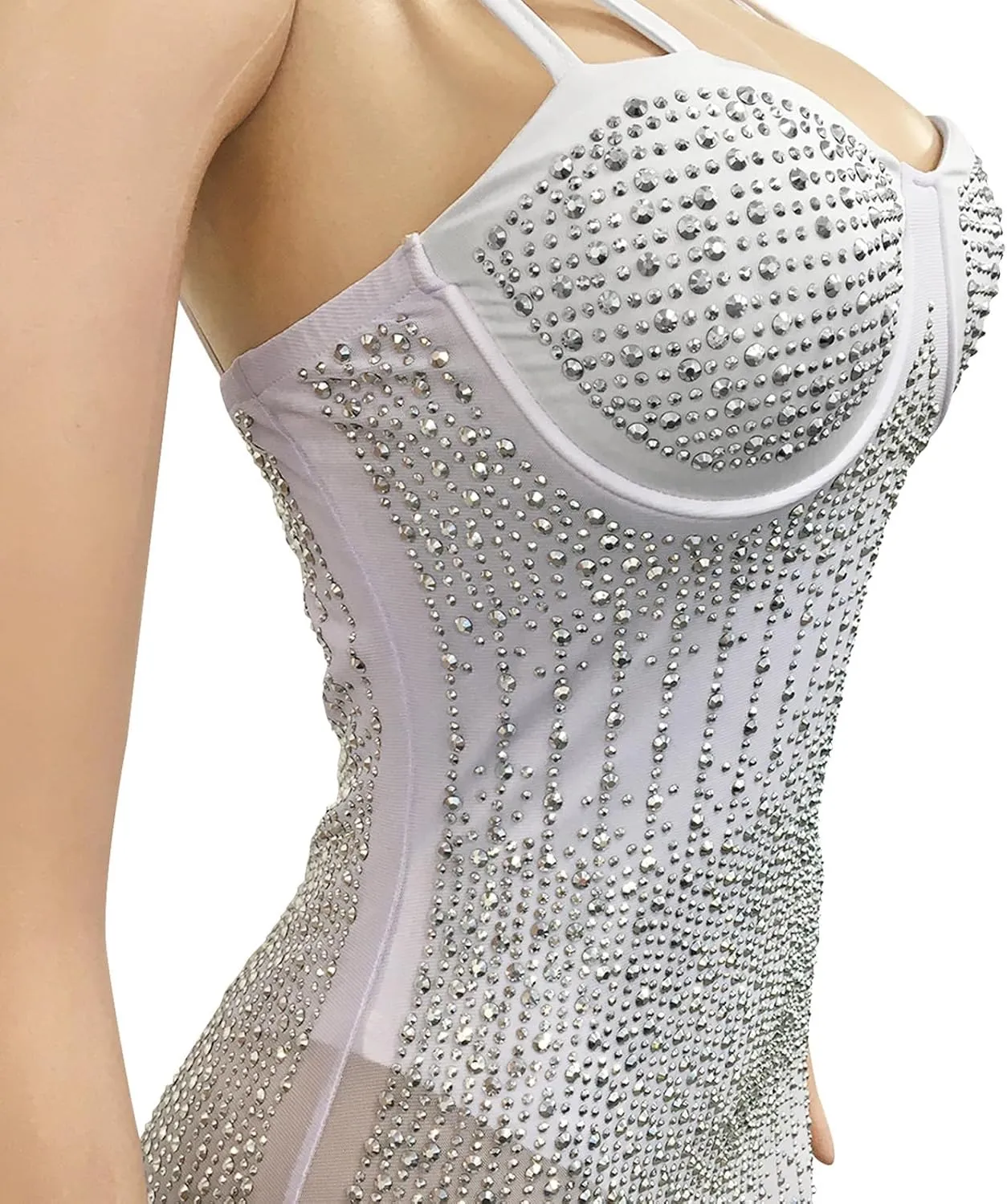 PURFUN Women Sexy See-Through Bodycon Dress with Rhinestones, Chic Spaghetti Strap Sleeveless Evening Dress Night Clubwear