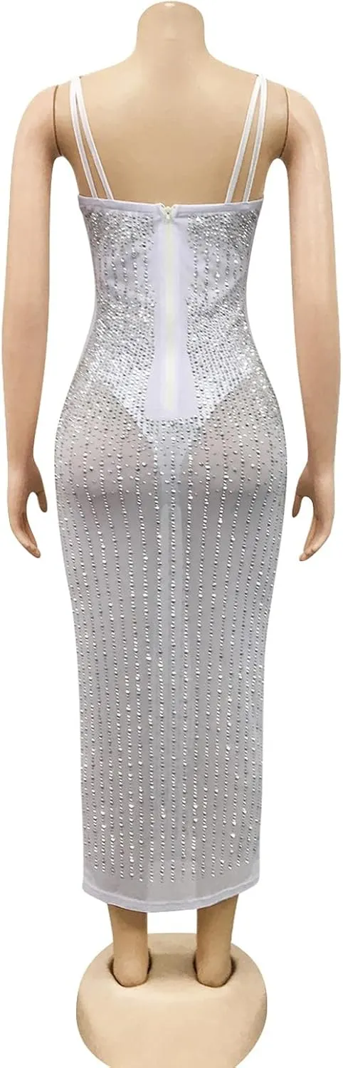 PURFUN Women Sexy See-Through Bodycon Dress with Rhinestones, Chic Spaghetti Strap Sleeveless Evening Dress Night Clubwear