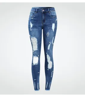 Ripped Jeans With Beads Women`s Plus Size Stretchy Torn Denim
