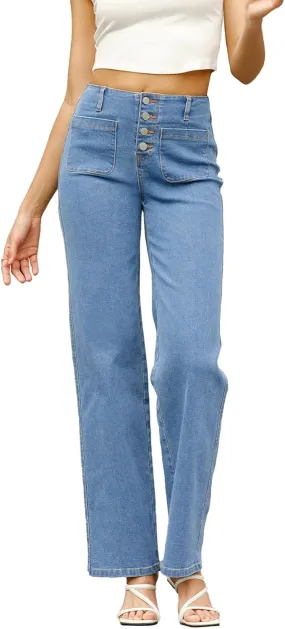 Sidefeel Women's Wide Leg High Waisted Stretchy Tummy Control Zimbaplatinum Jeans