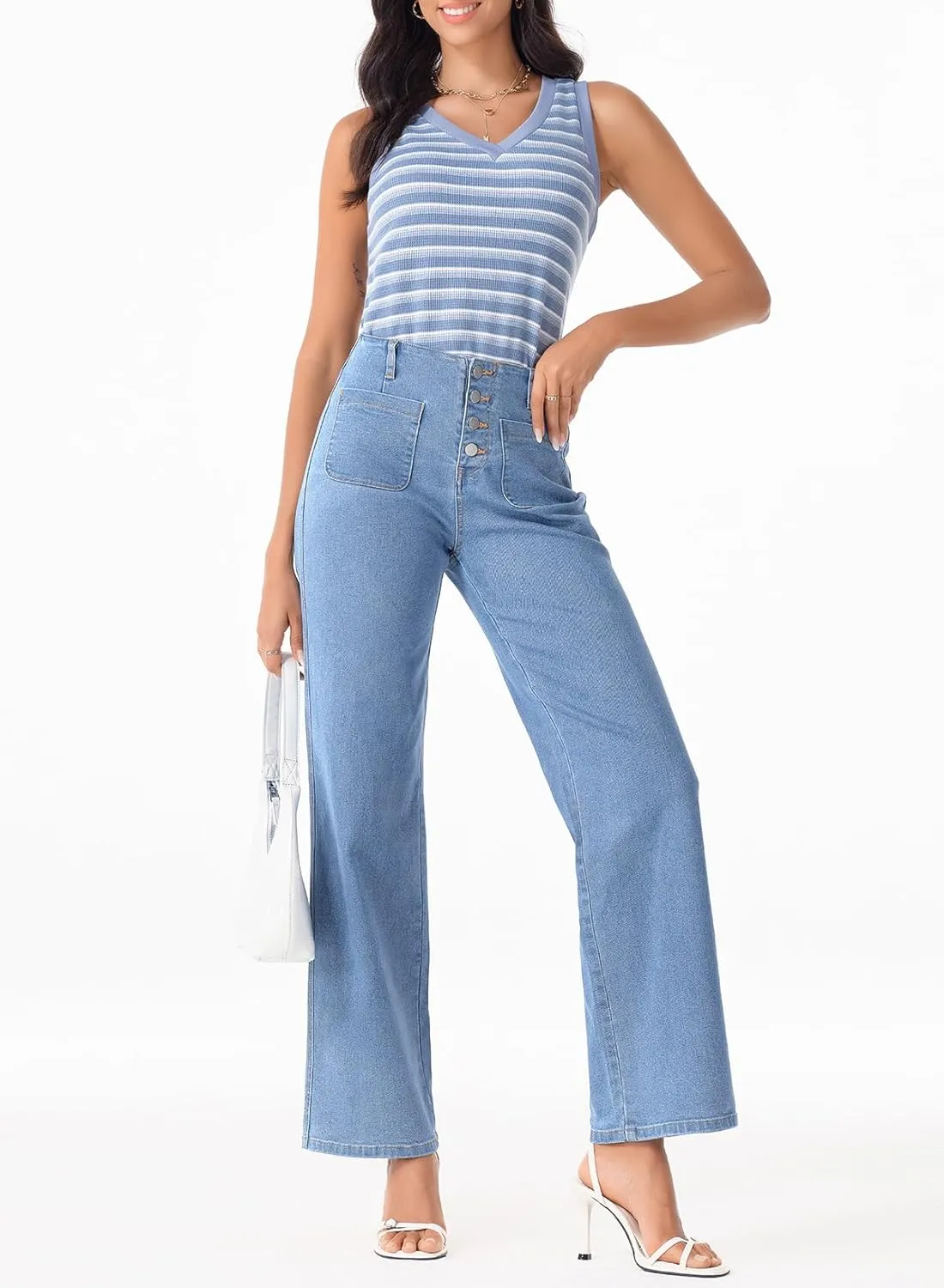 Sidefeel Women's Wide Leg High Waisted Stretchy Tummy Control Zimbaplatinum Jeans