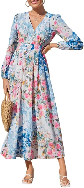 Sissyaki Women's Long Sleeve Boho Floral Maxi Dress Smocked Beach Flowy Dress