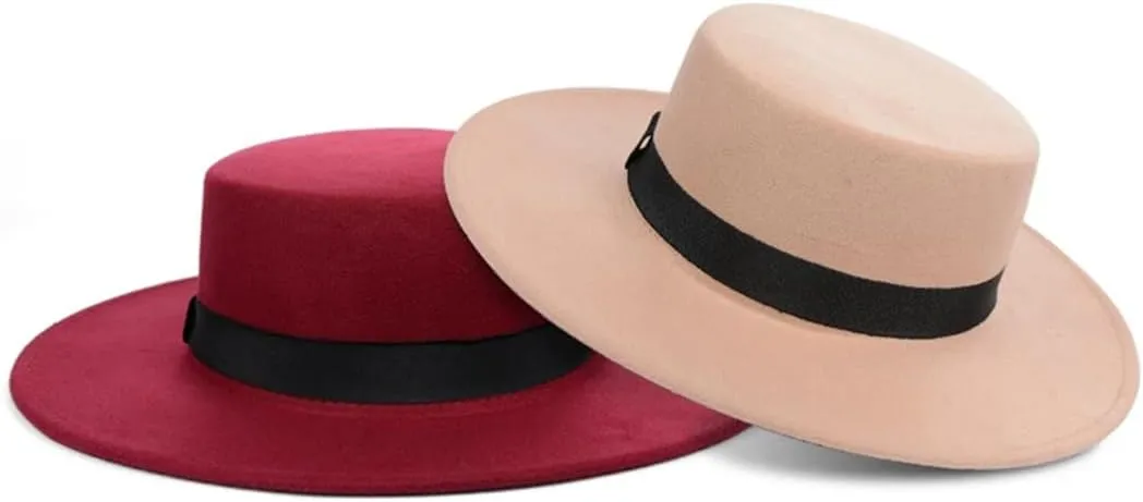 Solid Color Felt Fedoras Hat Belt Unisex Jazz Cap Wide Brim Simple Church Derby Flat Top Hat