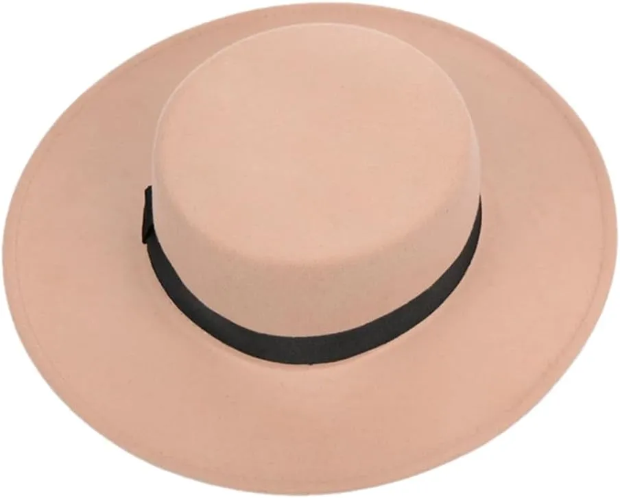 Solid Color Felt Fedoras Hat Belt Unisex Jazz Cap Wide Brim Simple Church Derby Flat Top Hat