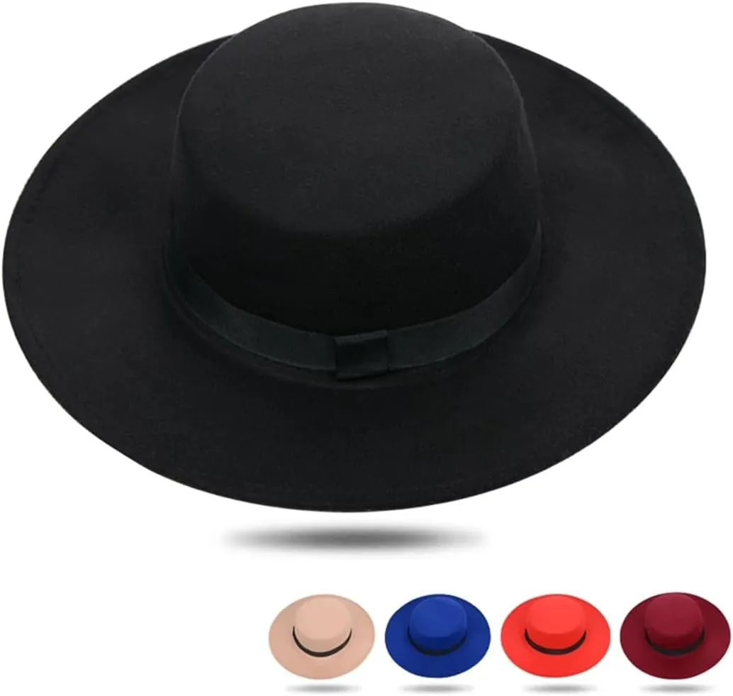 Solid Color Felt Fedoras Hat Belt Unisex Jazz Cap Wide Brim Simple Church Derby Flat Top Hat