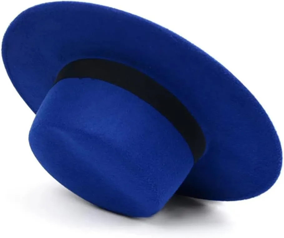 Solid Color Felt Fedoras Hat Belt Unisex Jazz Cap Wide Brim Simple Church Derby Flat Top Hat
