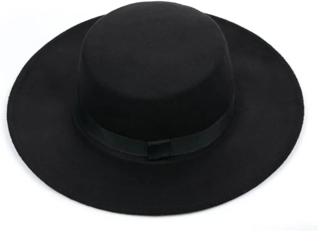 Solid Color Felt Fedoras Hat Belt Unisex Jazz Cap Wide Brim Simple Church Derby Flat Top Hat