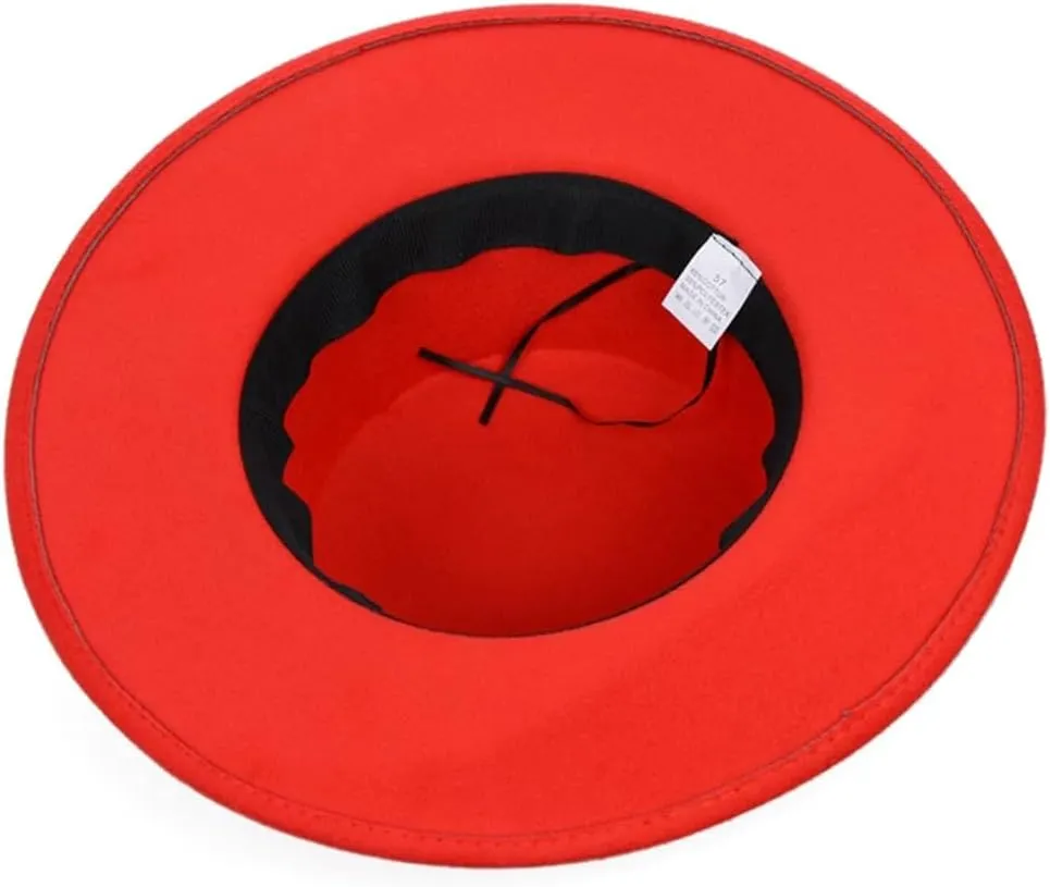 Solid Color Felt Fedoras Hat Belt Unisex Jazz Cap Wide Brim Simple Church Derby Flat Top Hat