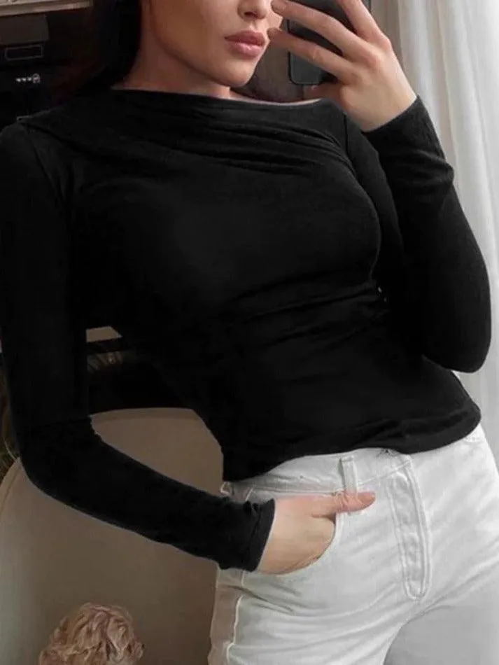 Solid Color Pleating Slim Long Sleeve Tee