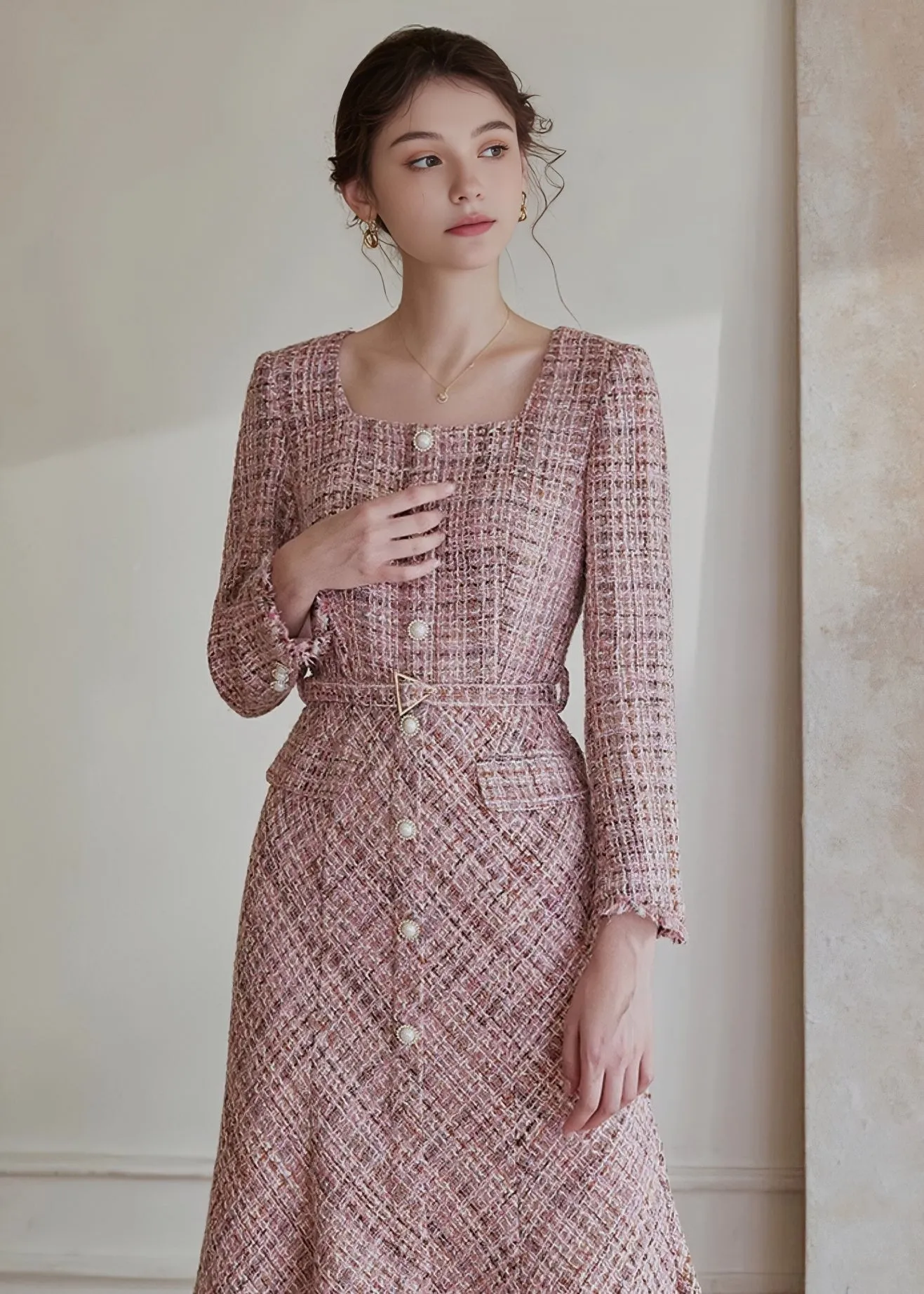 SQUARE TWEED FISHTAIL DRESS