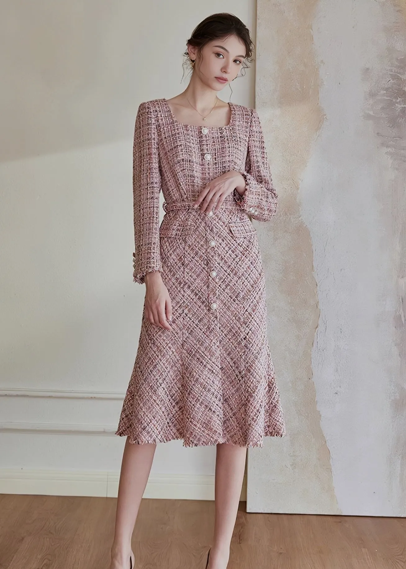 SQUARE TWEED FISHTAIL DRESS