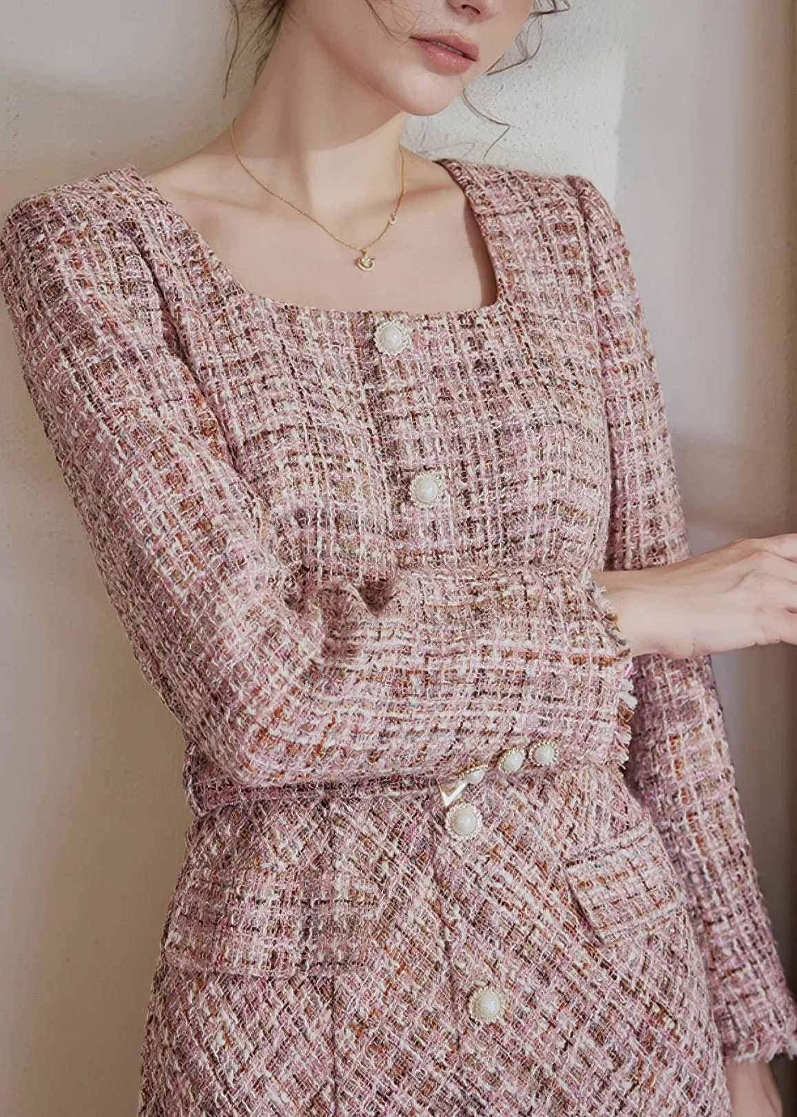 SQUARE TWEED FISHTAIL DRESS