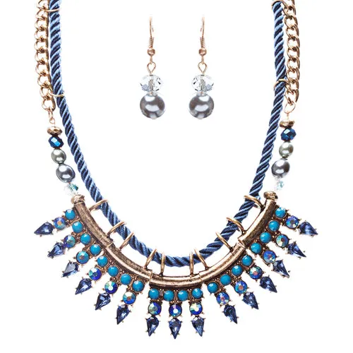 Statement Bib Style Curb Chain Bead Pearl Fabric Antique Gold Necklace Set Blue