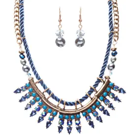 Statement Bib Style Curb Chain Bead Pearl Fabric Antique Gold Necklace Set Blue