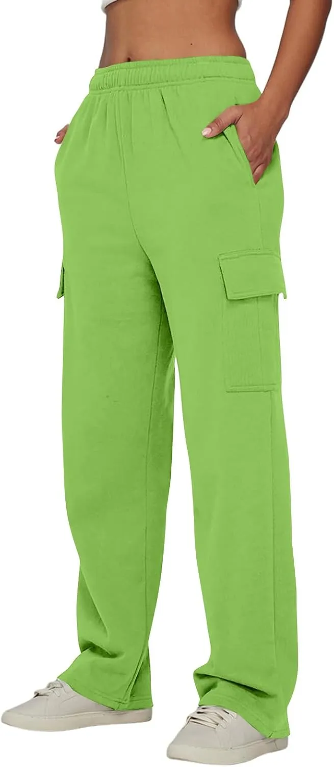Straight Leg Cargo Sweatpants Women Baggy Fleece Elastic High Waisted Joggers Pants Casual Comfy Soft Parachute Pant