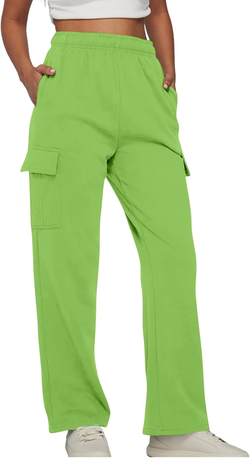 Straight Leg Cargo Sweatpants Women Baggy Fleece Elastic High Waisted Joggers Pants Casual Comfy Soft Parachute Pant