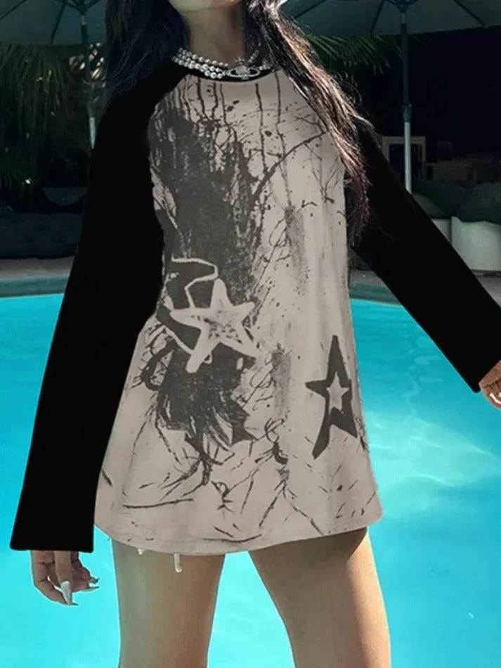 Street Star Print Raglan Oversized Long Sleeve Tee