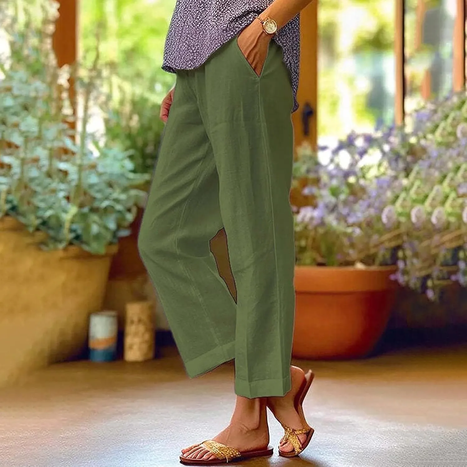 Summer Linen Capri Pants High Waisted Wide Leg Lounge Trousers Comfy Soft Trousers Trendy Casual Resort Wear