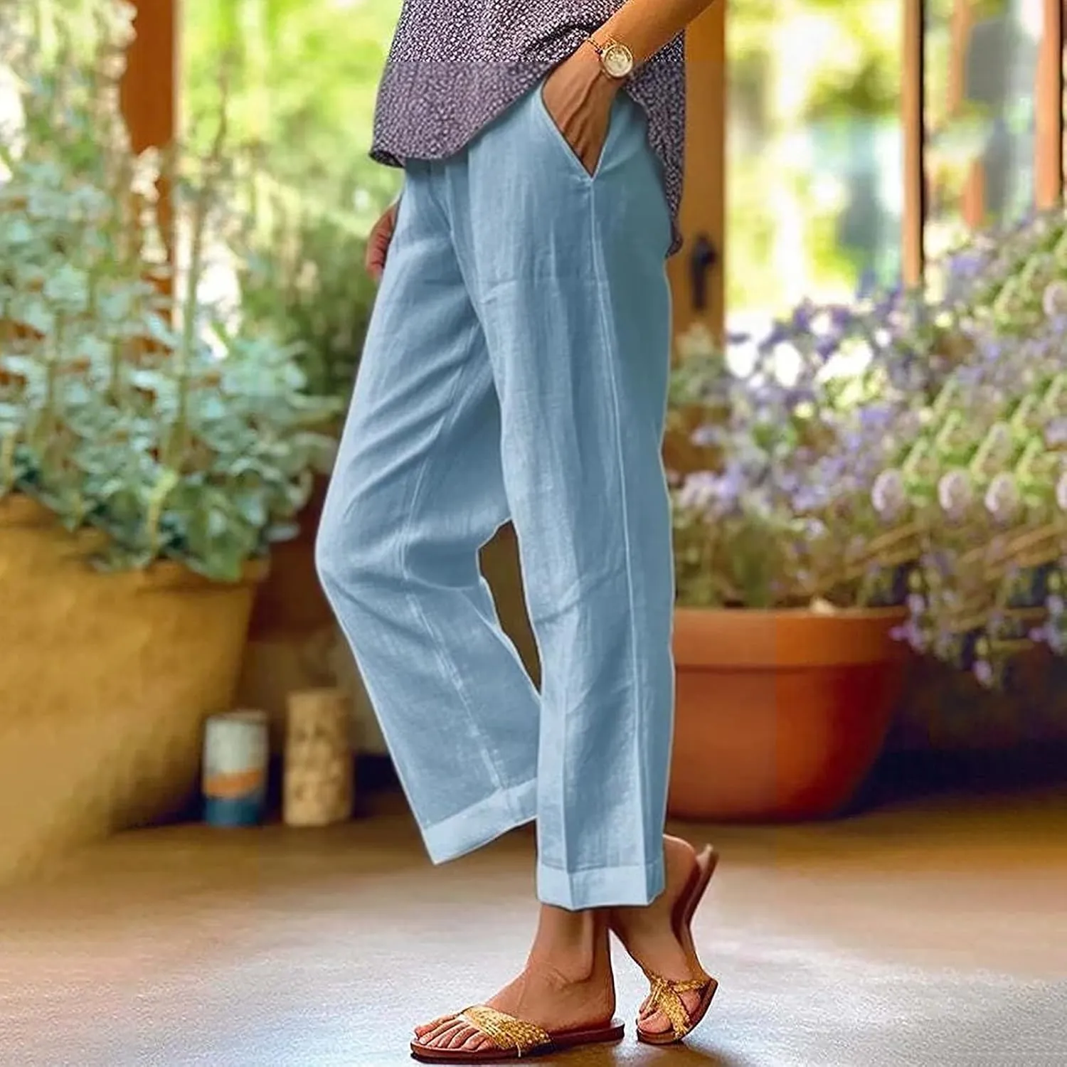 Summer Linen Capri Pants High Waisted Wide Leg Lounge Trousers Comfy Soft Trousers Trendy Casual Resort Wear