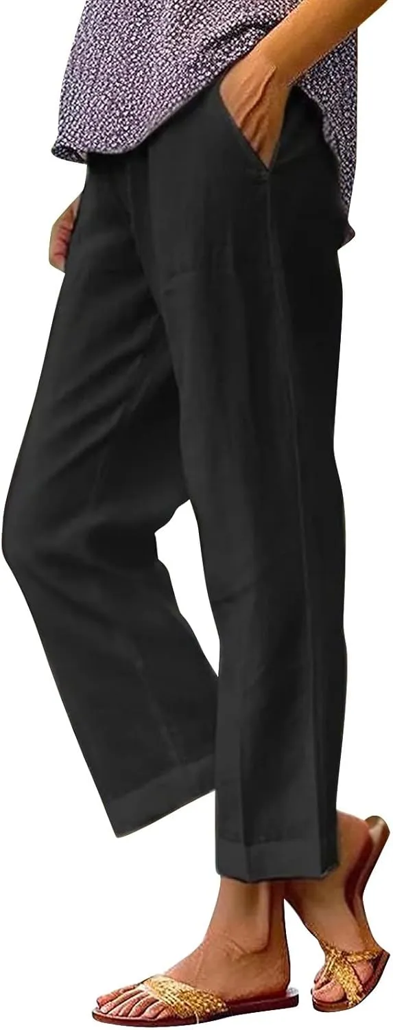 Summer Linen Capri Pants High Waisted Wide Leg Lounge Trousers Comfy Soft Trousers Trendy Casual Resort Wear
