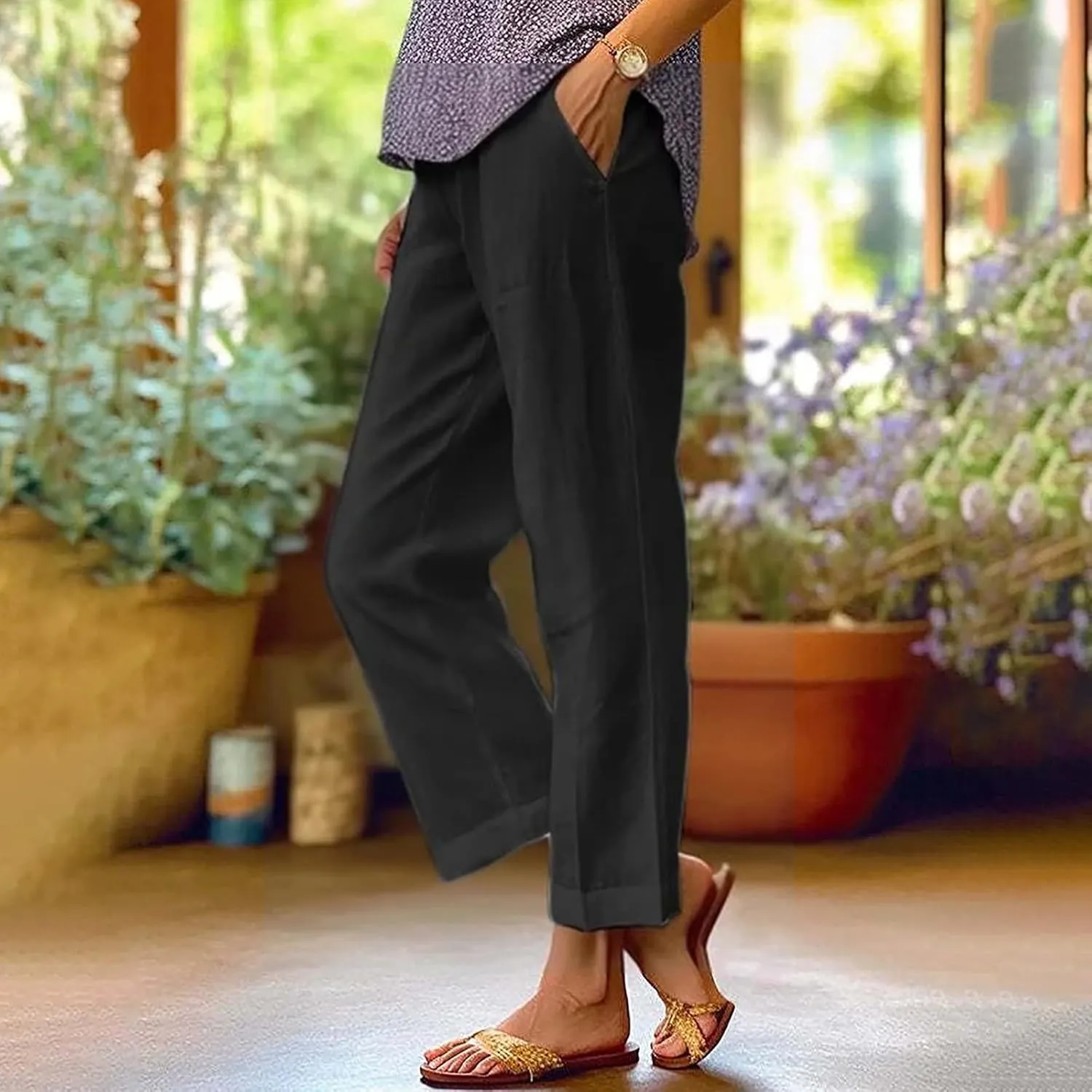 Summer Linen Capri Pants High Waisted Wide Leg Lounge Trousers Comfy Soft Trousers Trendy Casual Resort Wear