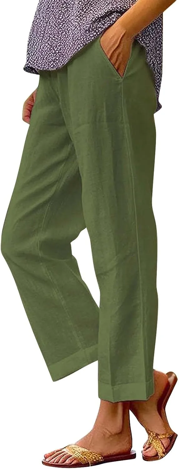 Summer Linen Capri Pants High Waisted Wide Leg Lounge Trousers Comfy Soft Trousers Trendy Casual Resort Wear