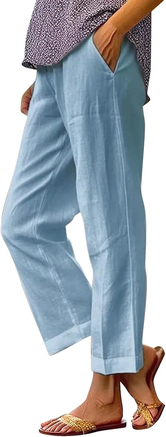 Summer Linen Capri Pants High Waisted Wide Leg Lounge Trousers Comfy Soft Trousers Trendy Casual Resort Wear