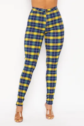 Super High Waisted Checkered Blue/Yellow Skinny Jeans