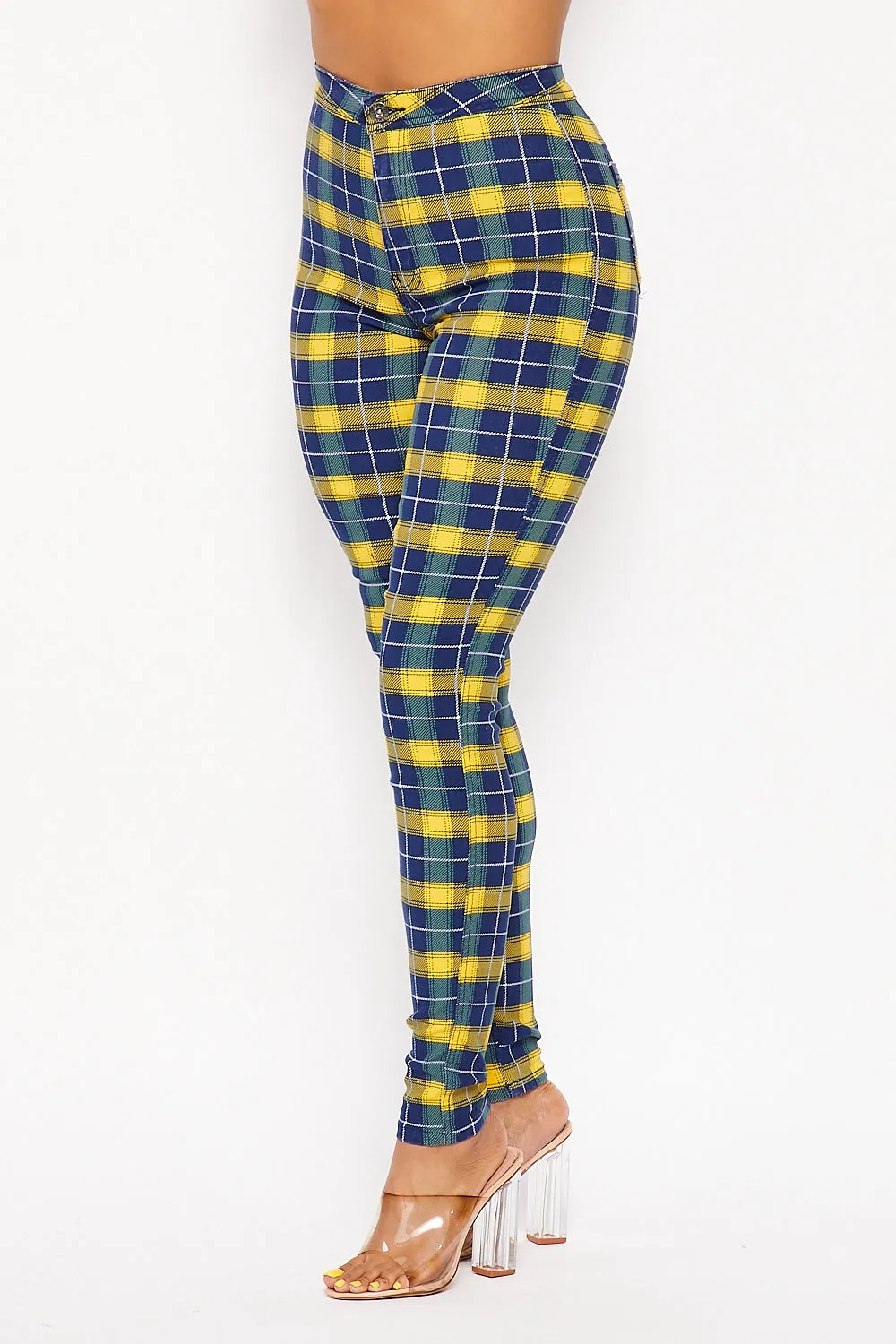 Super High Waisted Checkered Blue/Yellow Skinny Jeans