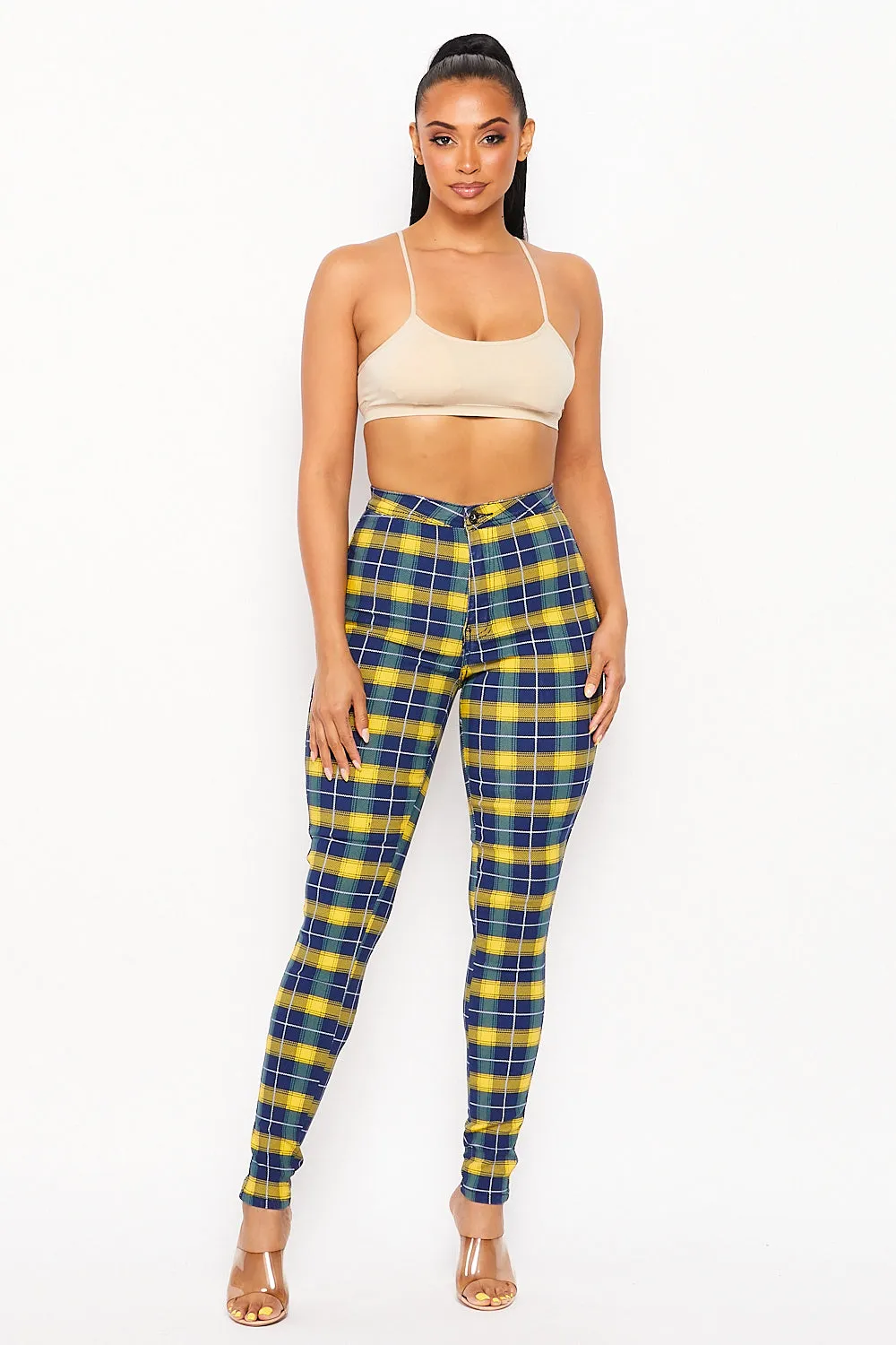 Super High Waisted Checkered Blue/Yellow Skinny Jeans