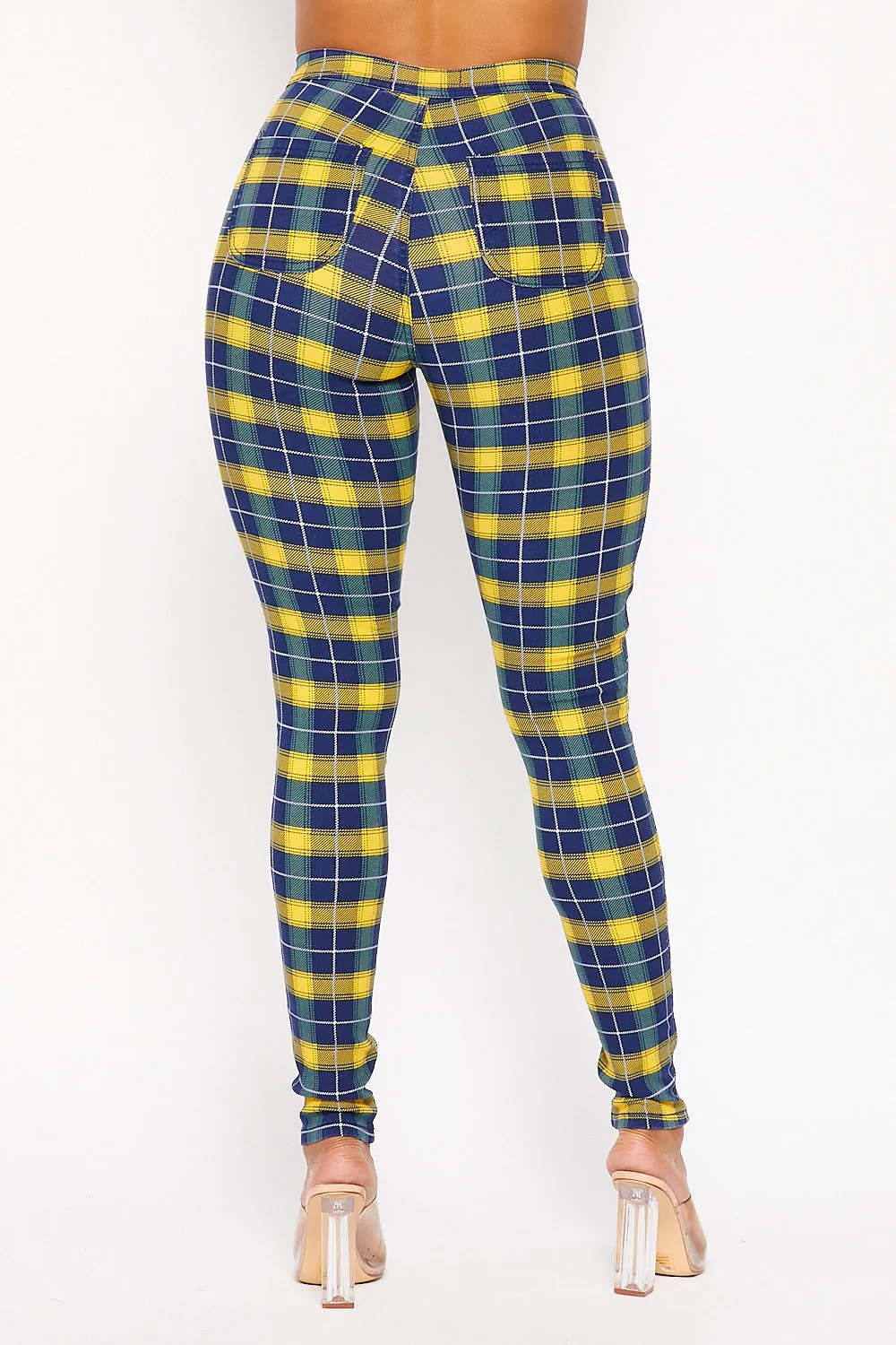 Super High Waisted Checkered Blue/Yellow Skinny Jeans