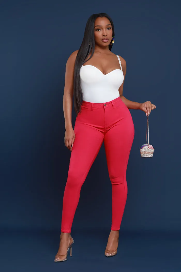 Super Swank High Rise Belt Loop Stretchy Skinny Jeans - Fuchsia